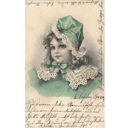 n°25994 - Fantaisie - Style Clapsaddle - Portrait d'une jeune fille portant une robe verte avec de la dentelle