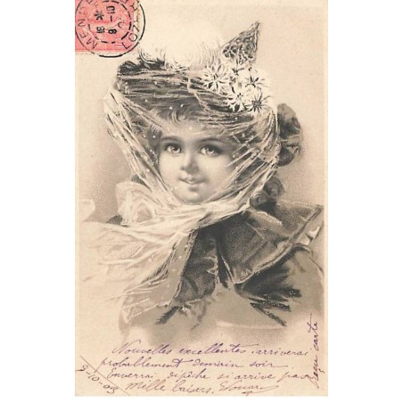 n°25995 - Fantaisie - Style Clapsaddle - Portrait d'une jeune fille portant un chapeau avec une voilette
