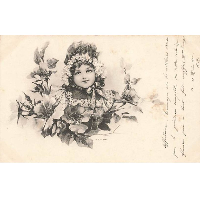 n°25996 - Fantaisie - Portrait d'une jeune fille au milieu de fleurs