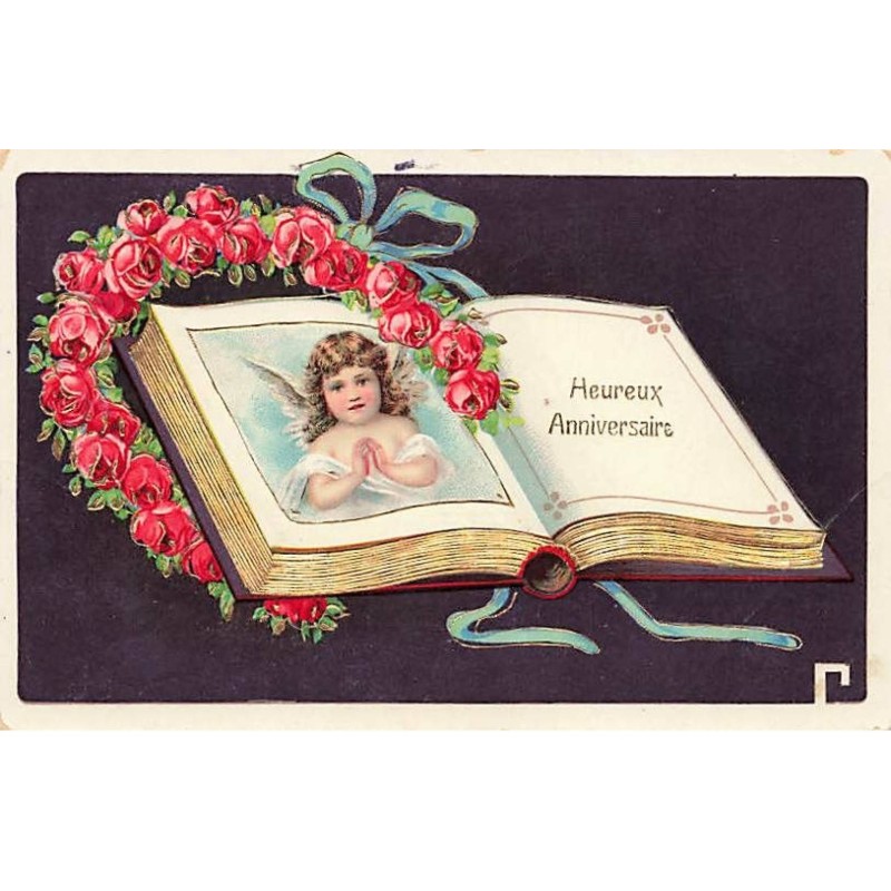 n°26000 - Carte Gaufrée - Anniversaire - Heureux Anniversaire - Une image d'ange dans un livre