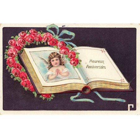 n°26000 - Carte Gaufrée - Anniversaire - Heureux Anniversaire - Une image d'ange dans un livre