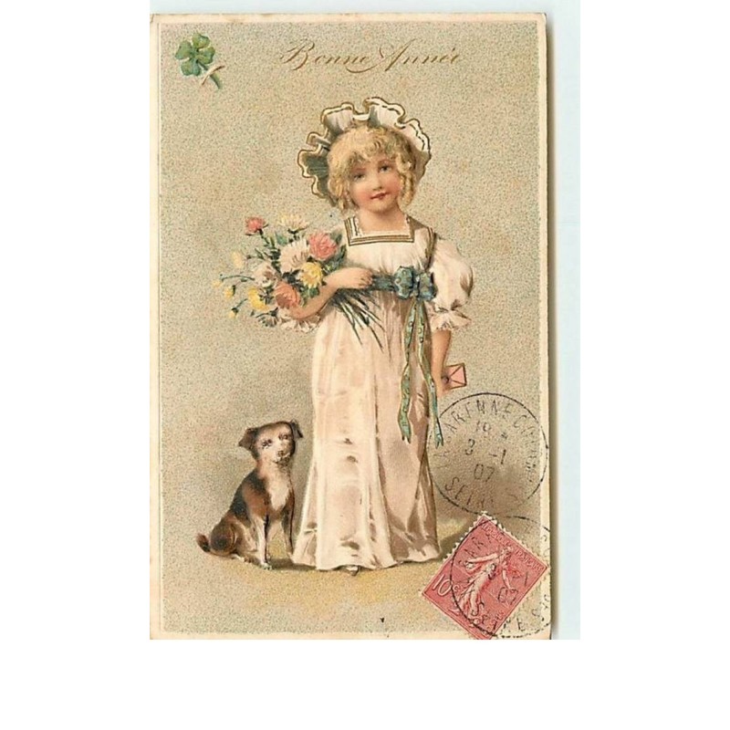 n°12727 - Carte Gaufrée - Bonne Année - Fillette avec un chien