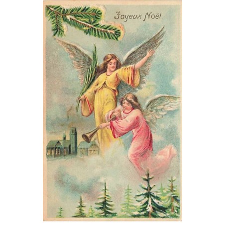 n°26014 - Carte Gaufrée - Joyeux Noël - Anges gardiens au-dessus d'un village, l'un tenant une trompette