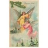 n°26014 - Carte Gaufrée - Joyeux Noël - Anges gardiens au-dessus d'un village, l'un tenant une trompette