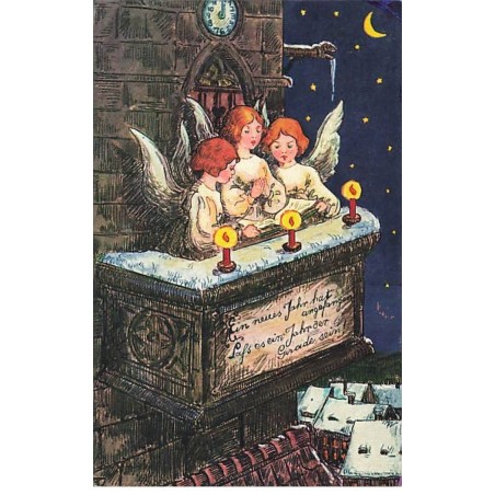 n°26016 - Noël - Anges priant en-haut d'un clocher dans la nuit