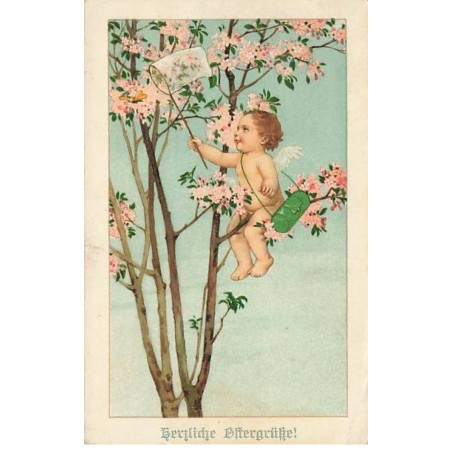 n°26020 - Pâques - MM Vienne 999 - Ange assis dans un arbre fleuri, voulant attraper un papillon