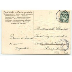 n°12728 - Carte Gaufrée - Bonne Année - Jeune fille sur des skis portant un panier rempli de fleurs