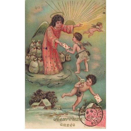 n°26025 - Carte Gaufrée - Heureuse Année - Anges distribuant des lettres,et des sacs de pièces