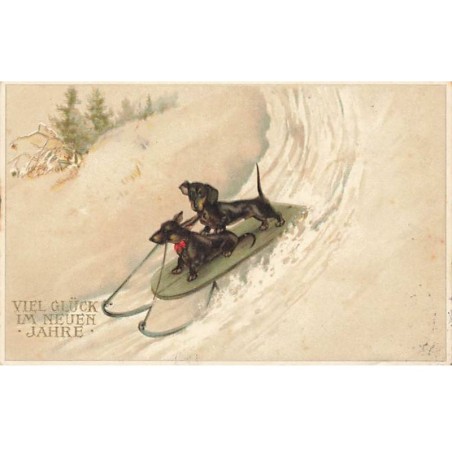 n°26026 - Nouvel An - Viel Glück Im Neuen Jahre - Teckels sur une luge - Dackel