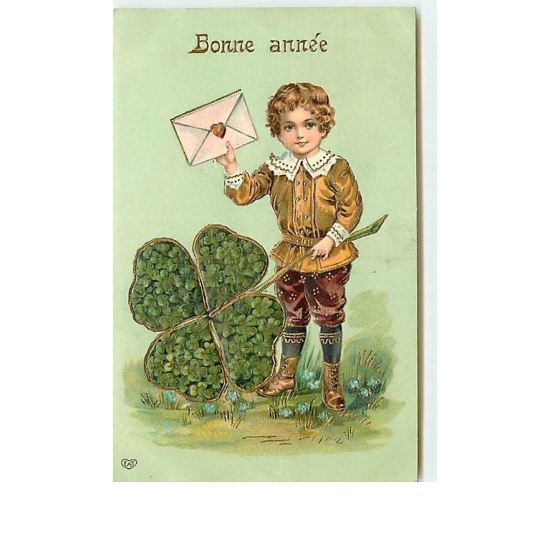 n°12729 - Carte Gaufrée - Bonne Année - Garçon apportant une enveloppe et trèfle à 4 feuilles