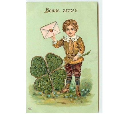 n°12729 - Carte Gaufrée - Bonne Année - Garçon apportant une enveloppe et trèfle à 4 feuilles