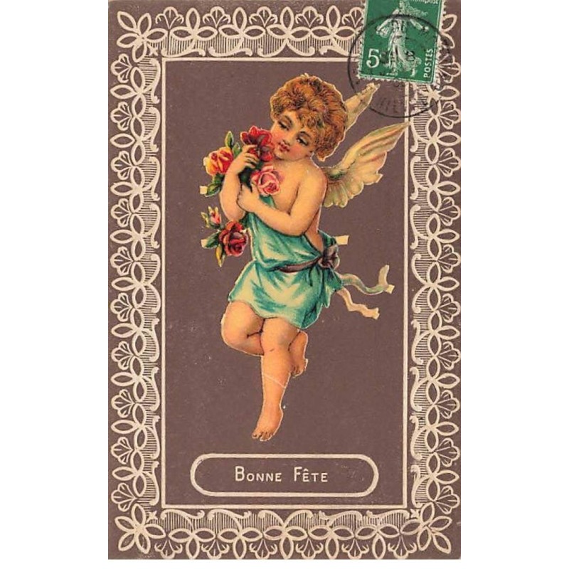 n°26031 - Carte Gaufrée et Chromo - Bonne Fête - Ange apportant des roses