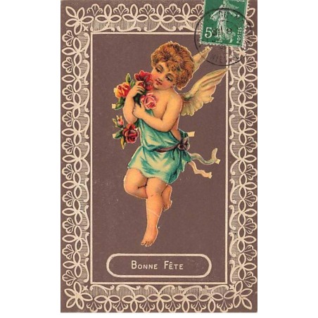 n°26031 - Carte Gaufrée et Chromo - Bonne Fête - Ange apportant des roses