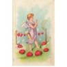 n°26035 - Carte Gaufrée - Ange - Cupidon s'entraînant en tirant des flèches sur des coeurs