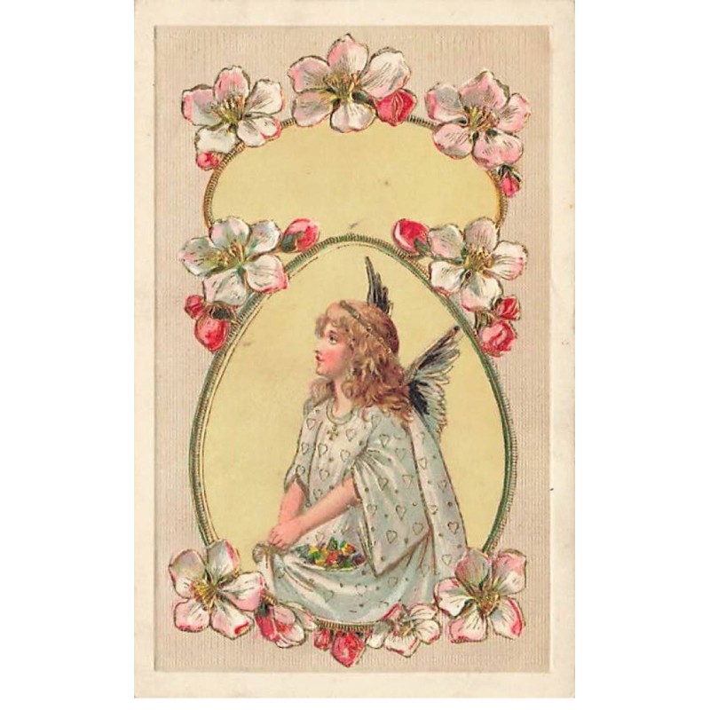 n°26036 - Carte Gaufrée -  Ange gardien rêvassant, entouré de fleurs