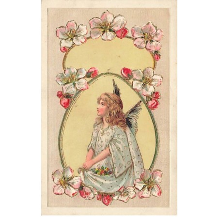 n°26036 - Carte Gaufrée -  Ange gardien rêvassant, entouré de fleurs