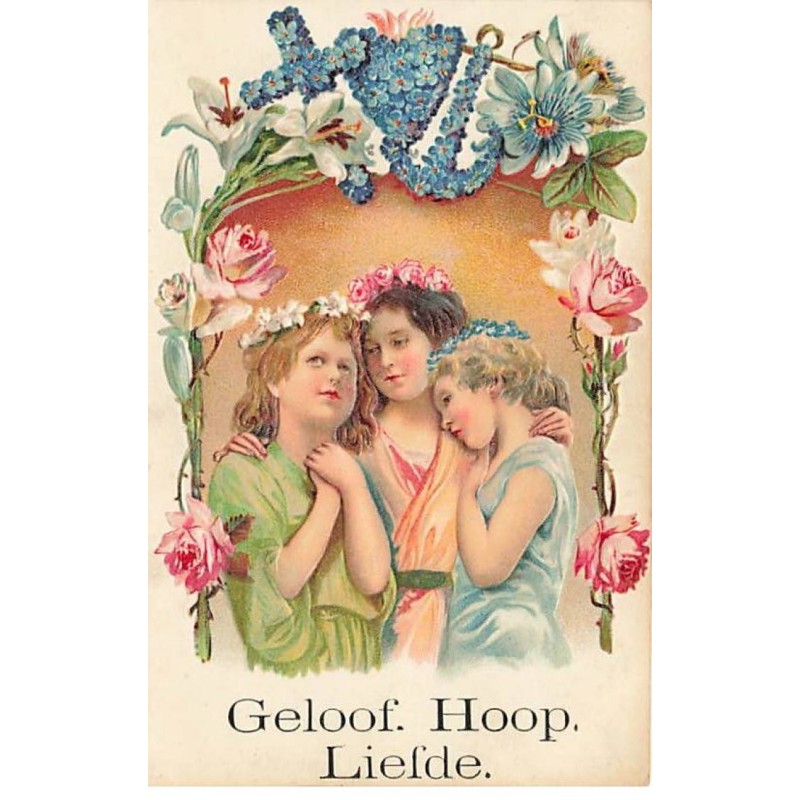 n°26037 - Carte Gaufrée - Fantaisie - Geloof, Hoop, Liefde - Trois enfants