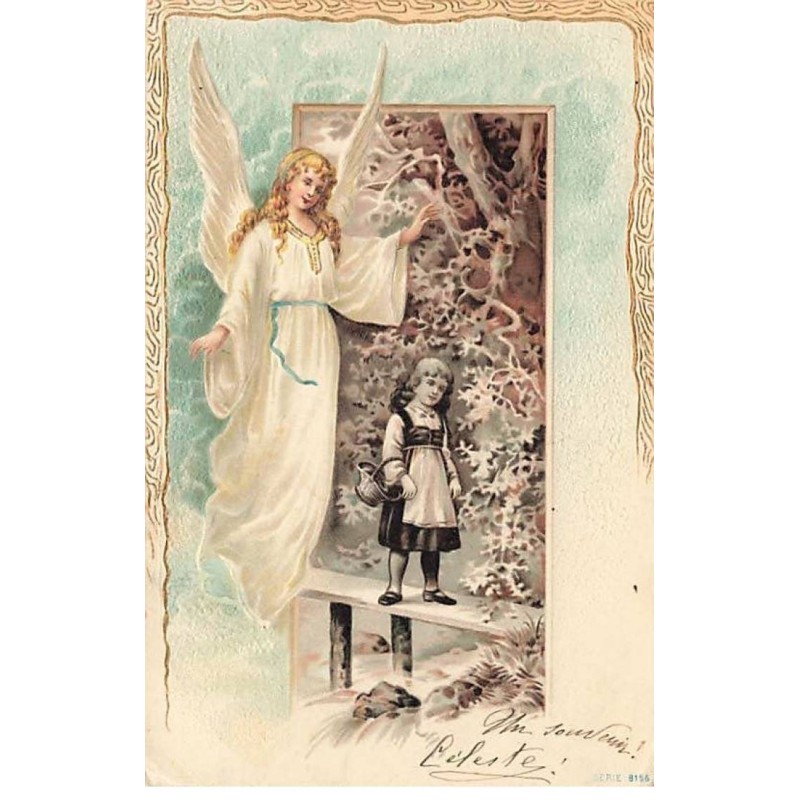 n°26038 - Carte Gaufrée - Ange gardien veillant sur une fillette sur un pont