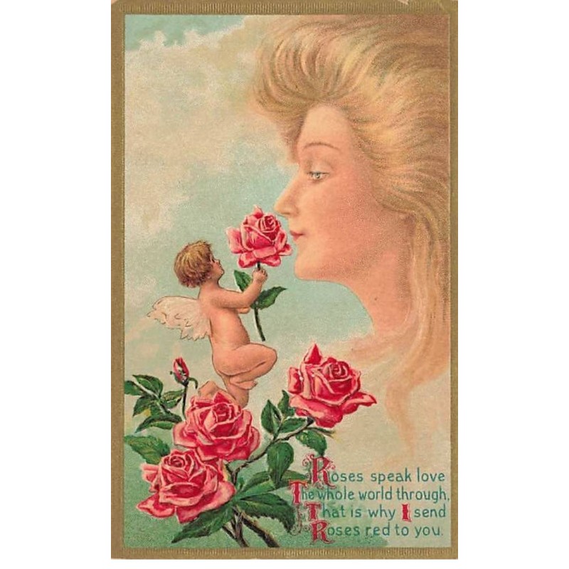 n°26039 - Carte Gaufrée - Ange - Roses speak love ... - Ange faisant sentir une rose à une femme