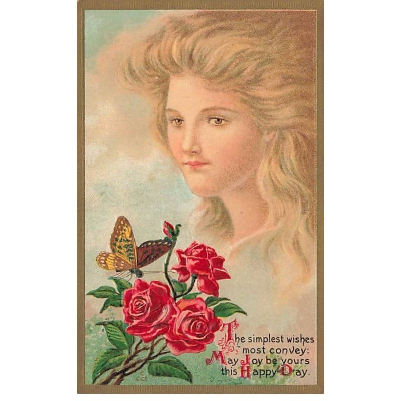 n°26042 - Carte Gaufrée - Ange - The simplest wishes most ... - Papillon au-dessus de roses, sous le visage d'une femme
