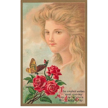 n°26042 - Carte Gaufrée - Ange - The simplest wishes most ... - Papillon au-dessus de roses, sous le visage d'une femme