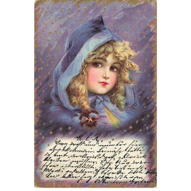 n°26048 - Clapsaddle - Portrait d'une jeune fille avec une capuche violette