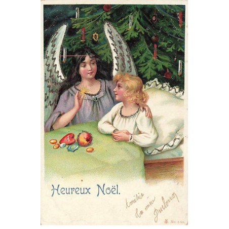 n°26068 - Carte avec Paillettes - Heureux Noël - Ange gardien offrant une étoile à une enfant dans son lit