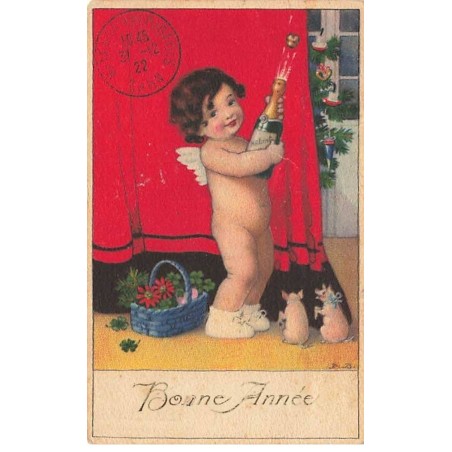 n°26070 - F. Baumgarten - Bonne Année - Angelot débouchant une bouteille de champagne