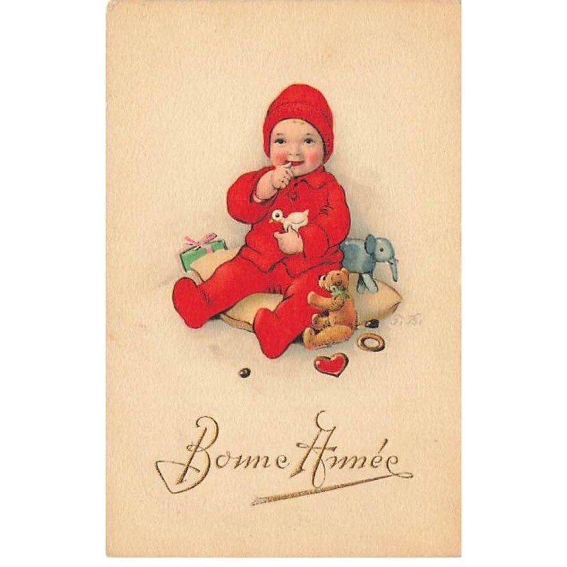 n°26071 - F. Baumgarten - Bonne Année - Bébé assis, entouré de ses jouets dont un ours en peluche - Teddy Bear