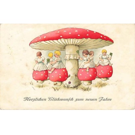 n°26078 - Nouvel An - Fillettes sur un manège sous un champignon