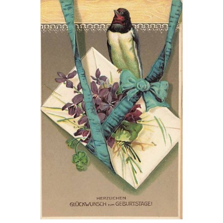 n°26085 - Carte Gaufrée - Hirondelle sur une enveloppe décorée de violettes