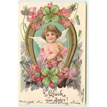 n°12738 - Carte Gaufrée - Viel Glück im neuen Jahre - Ange parmi des fleurs