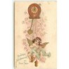 n°12739 - Carte Gaufrée - Herzlichen Glückwunsch zum Neuen Jahre - Ange buvant assis sur le balancier d'une pendule