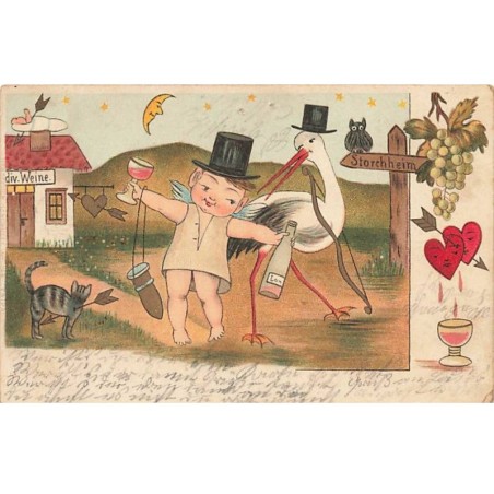 n°26099 - Fantaisie - Angelot trinquant avec un ver e vin - chat, cigogne, hibou - Storchheim