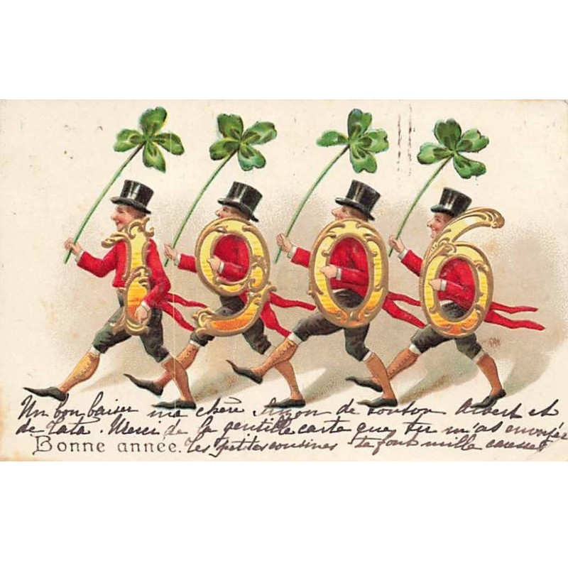 n°26108 - Carte Gaufrée - Clapsaddle - Bonne Année 1906 - Hommes défilant avec des trèfles