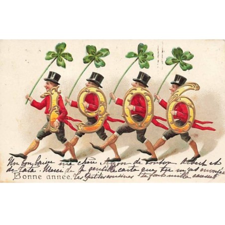n°26108 - Carte Gaufrée - Clapsaddle - Bonne Année 1906 - Hommes défilant avec des trèfles