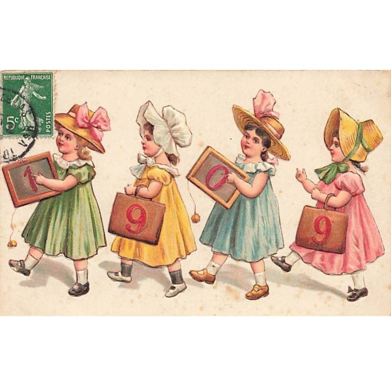 n°26110 - Carte Gaufrée - Nouvel An - 1909 - Procession de jeunes filles