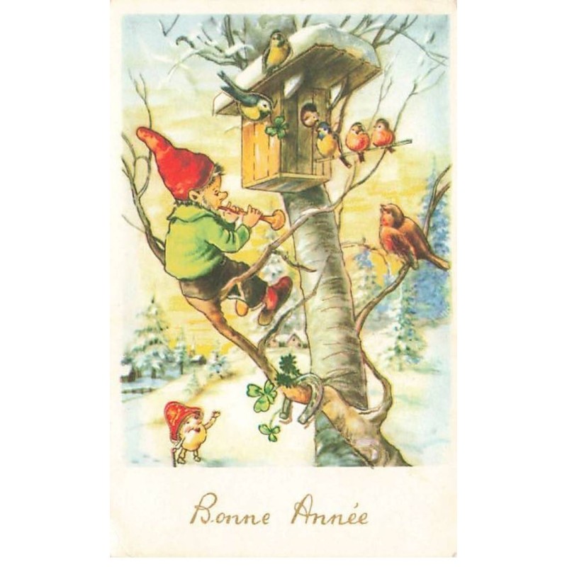 n°26112 - Bonne Année - Nain jouant de la musique pour des oiseaux - Champignon humanisé