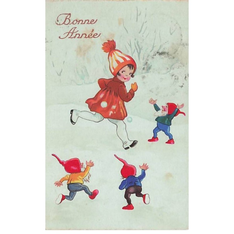 n°26113 - Style Baumgarten - Bonne Année - Nains lançant des boules de neige sur une fillette