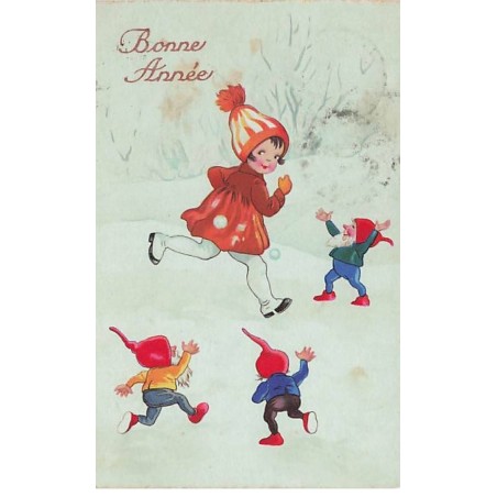 n°26113 - Style Baumgarten - Bonne Année - Nains lançant des boules de neige sur une fillette