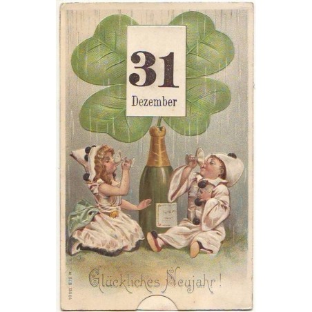 n°12740 - Carte à Système avec tirette - 1er Jan/31 Dec - Glückliches Neujahr - Pierrot et Colombine buvant du champagne