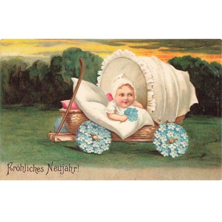 n°26118 - Carte Gaufrée - Nouvel An - Fröhliches Neujahr - Bébé dans un berceau décoré de myosotis
