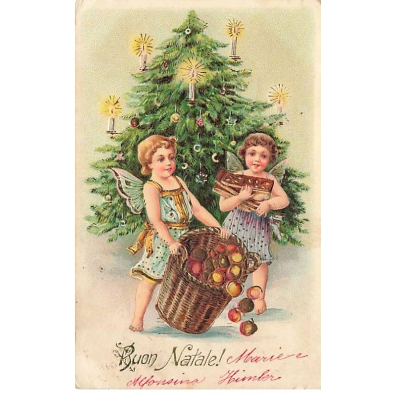 n°26124 - Carte Gaufrée - Noël - Buon Natale - Anges portant des pommes dans un panier près d'un sapin