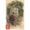n°26125 - Carte Gaufrée - Heureux Noël - Père Noël assis sur une branche, regardant par une fenêtre