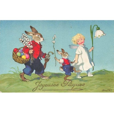 n°26126 - F. Baumgarten - Joyeuses Pâques - Ange se promenant avec des lièvres habillés