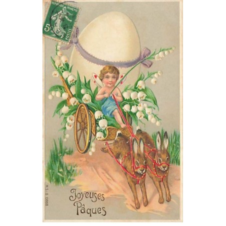 n°26127 - Carte Gaufrée - MSIB 13868 - Joyeuses Pâques - Ange dans un char décoré de muguet, tiré par des lièvres