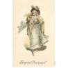 n°26128 - Carte Gaufrée - Joyeux Pâques - Jeune femme portant des moutons