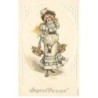 n°26129 - Carte Gaufrée - Joyeux Pâques - Jeune femme portant des paniers remplis d'oeufs