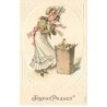 n°26130 - Carte Gaufrée - Joyeux Pâques - Jeune femme admirant une poule et ses poussins