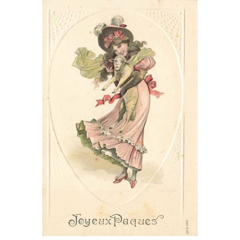 n°26131 - Carte Gaufrée - Joyeux Pâques - Jeune femme portant un mouton